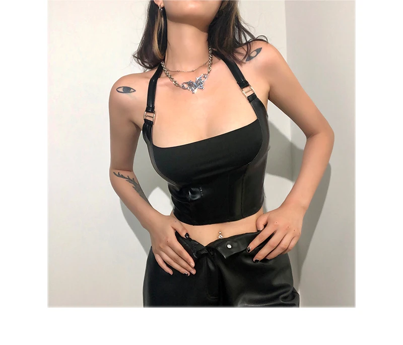 Babes Sexy Halter Tank Tops Punk Clubwear Slim Corset Tube Tops Women 2022 Summer Leather Camisole Streetwear Female Crop Top womens cami