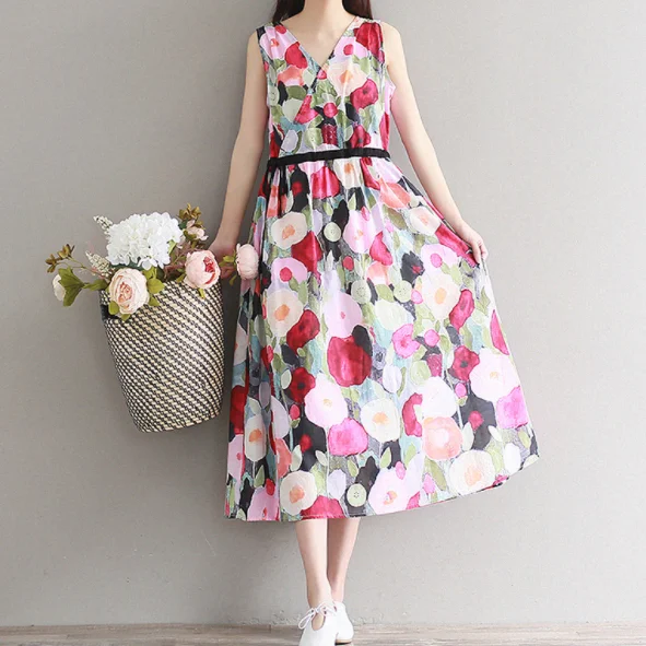 Женское летнее платье Хлопковое трапециевидной формы с цветочным принтом без