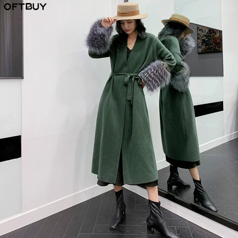 OFTBUY Повседневная модная Натуральная черно-бурая лиса меховые манжеты Верхняя одежда зимняя куртка Женский кашемировый пояс для вязания длинное пальто уличная
