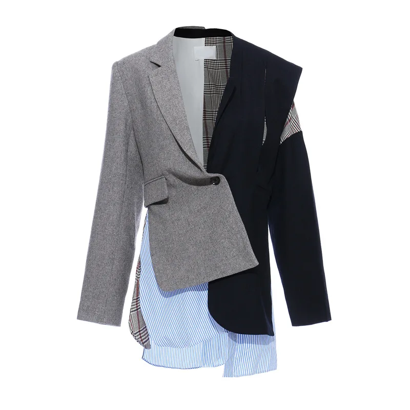 2020 Spring and Autumn Fashion Women Woollen Coat Irregular Cut Long Sleeve Jacket Collared Fabric Patchwork Suit Jacket Women