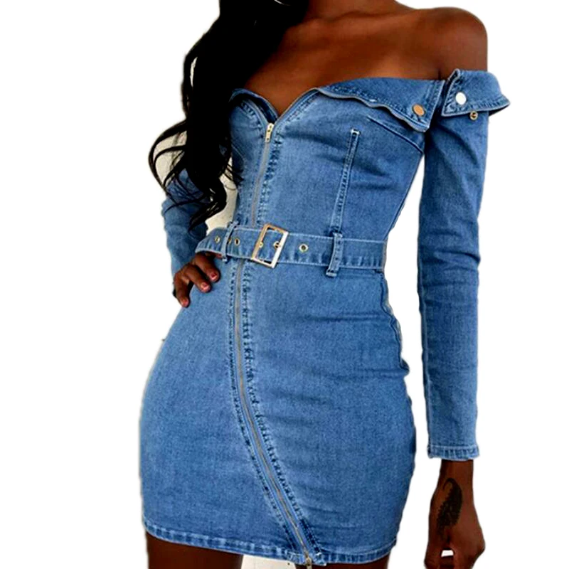 Модные Bodycon ремень из джинсовой ткани с открытыми плечами; с эластичной резинкой Для женщин с длинными рукавами и открытыми плечами джинсы мини платье Женский Повседневное платья синего цвета, Vestidos