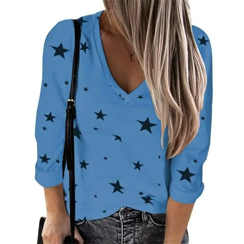

Womens V-Neck Star Print Blouse Long Sleeve Shirts Casual Loose T-Shirt Tops New