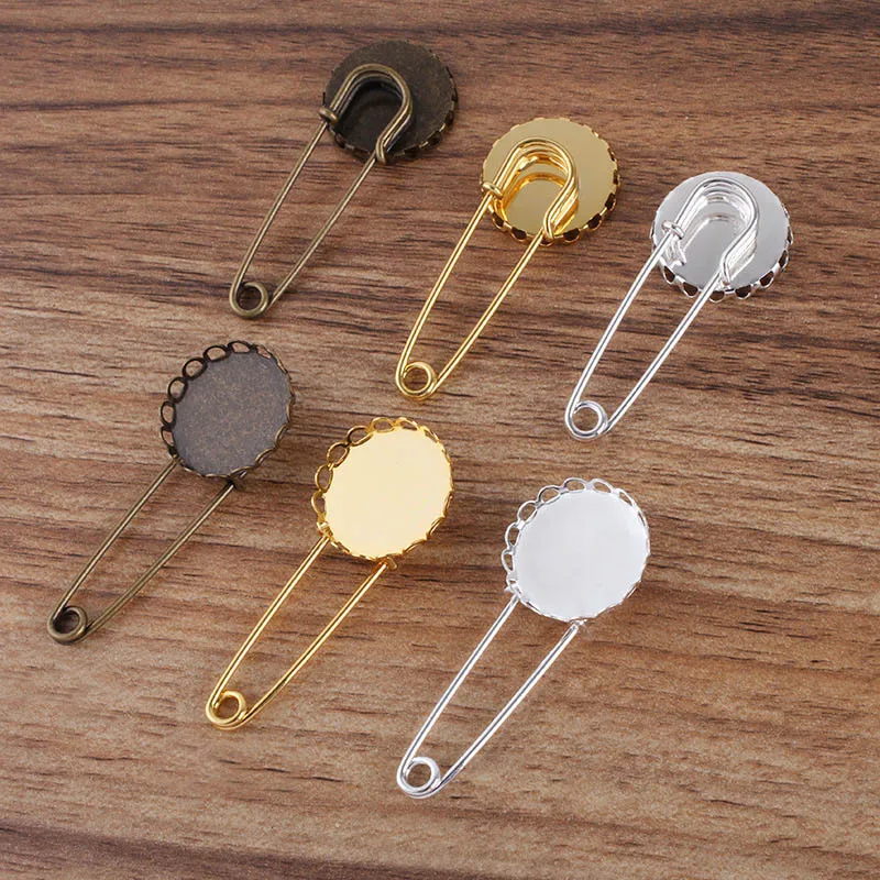 200pcs Antique Bronze tone Safety pins with 14 16 18 20 25mm Round Bezel Cabochon Base Setting Brooch Pin Blanks DIY Jewelry
