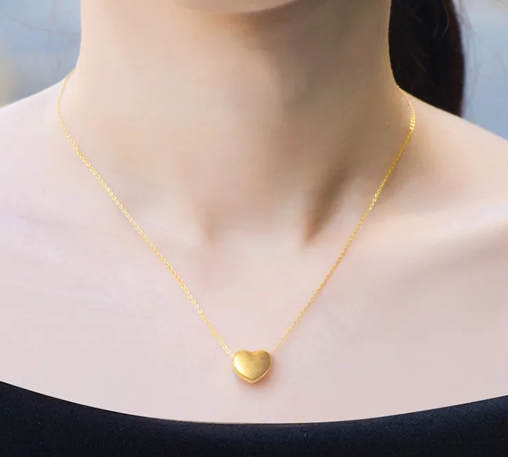 

100% Real 24K Gold Jewelry Necklace Heart Pendant Women Gift Solid Pure AU750 Chain
