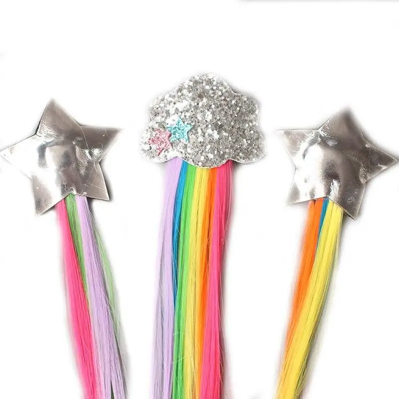 

Hot Children Hair Accessories Rainbow Color Wigs Braids Glitter Stars Hairpins BB Clip Baby Braided Personality Headdress Clips