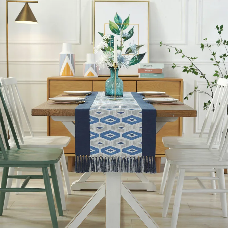 

New modern geometric lattice cotton and linen tassel tea flag Double-layer cotton and linen dining table and table runner