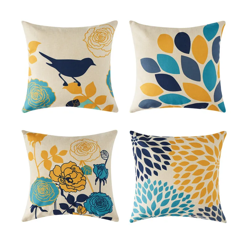 

Flower Bird Printed Cushion Covers Decorative Pillow Cases Bed Cotton Linen Throw Pillow Cover For Home Decor Sofa Chair 45X45