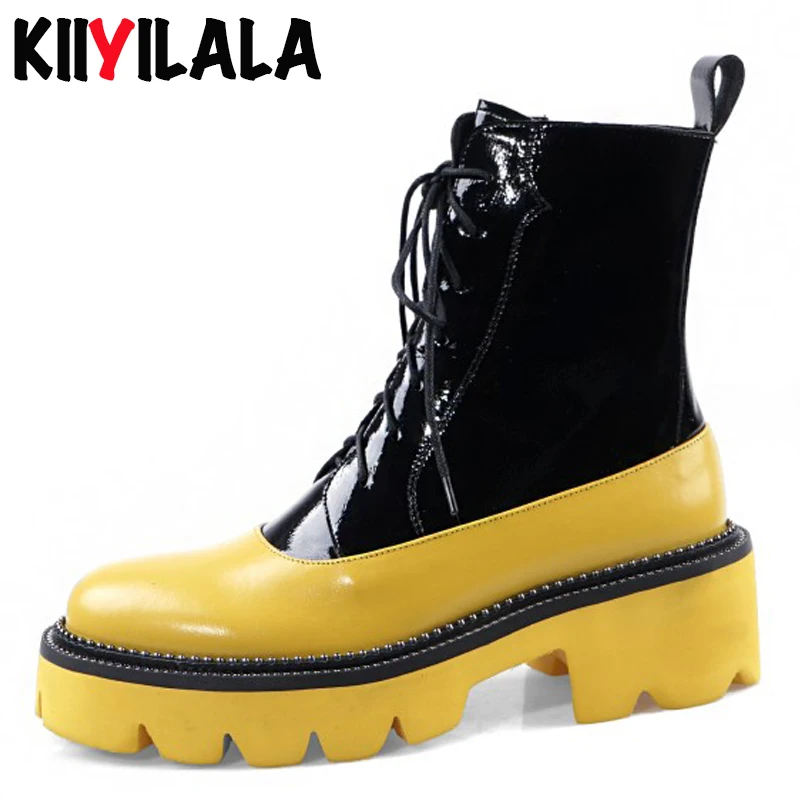 

Kiiyilala Genuine Leather Platform Boots Women Booties Square Heel Round Toe Cross-tied Colorful Ankle Boots Zipper Chunky Shoes