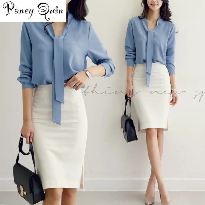 Good quality Chiffon shirt Blouses women OL OFFICE lady Streamer collar solid white blusas Elegant Blue Shirts Female | Женская одежда