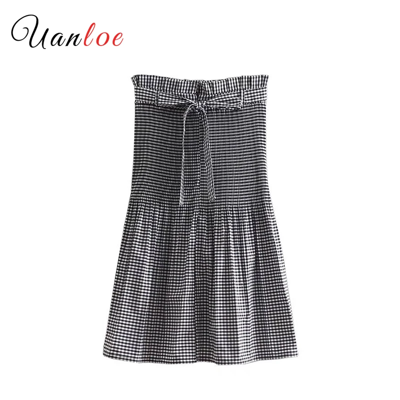 

Women Sweet Bow Tie Sashes Plaid Skirt Checkered Pleated Back Zipper Vintage Ladies Casual Chic Mid Calf Skirts