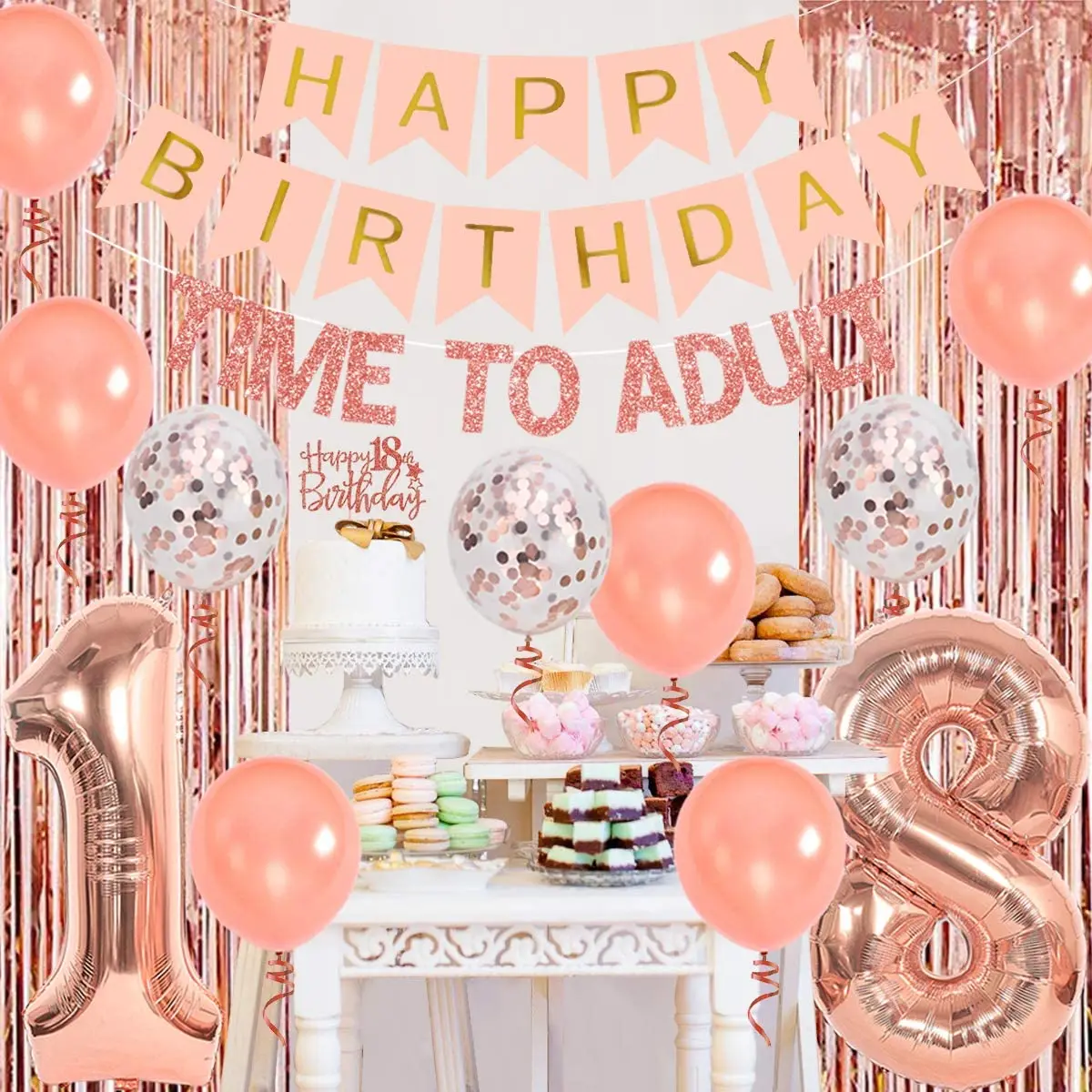 

Birthday Decoration Latex Confetti Balloon Rose Pink Banner with Number 18 Foil Balloon Tassel Cake Topper for Wedding Supplies