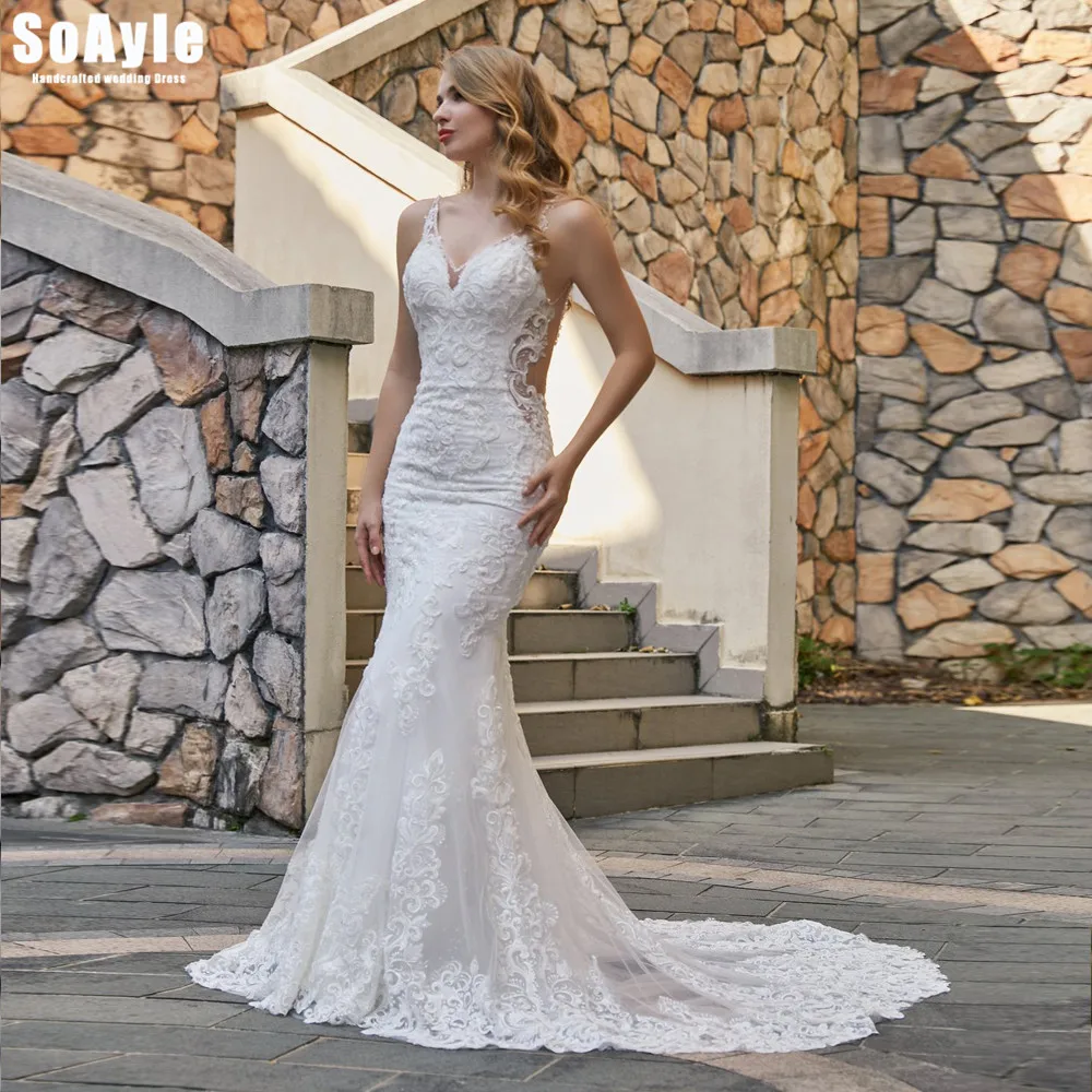 

SoAyle #W42 Mermaid Wedding Dress Thick Lace Zipper Up Spaghetti Open Back Wedding Gown Plus Size Vestido De Novia