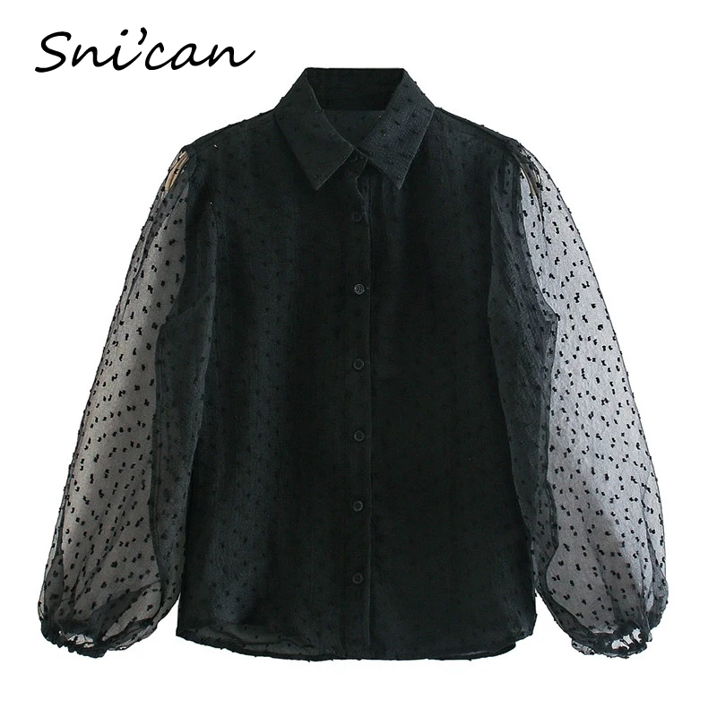 

Snican Black Patchwork Sexy Blouse Spring Fashion Women Dots Embroidery Mesh Transparent Latern Sleeve Female Shirts Blusas Tops