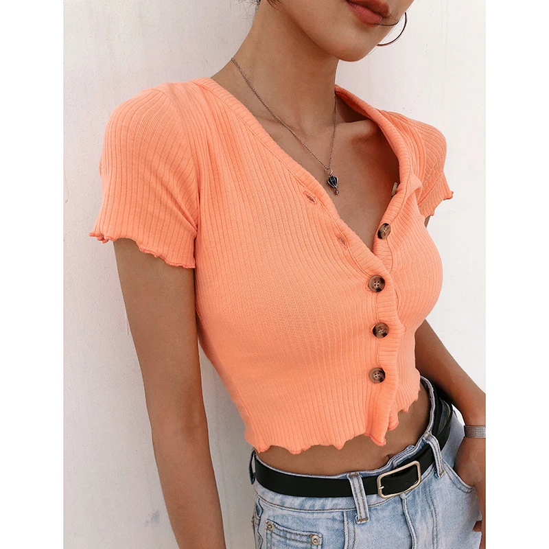 

Summer Elegant Fashion Ins Ultra Short Sleeve T-shirt High Waist Exposed Navel Slim Ear Edge Top Sexy Wear