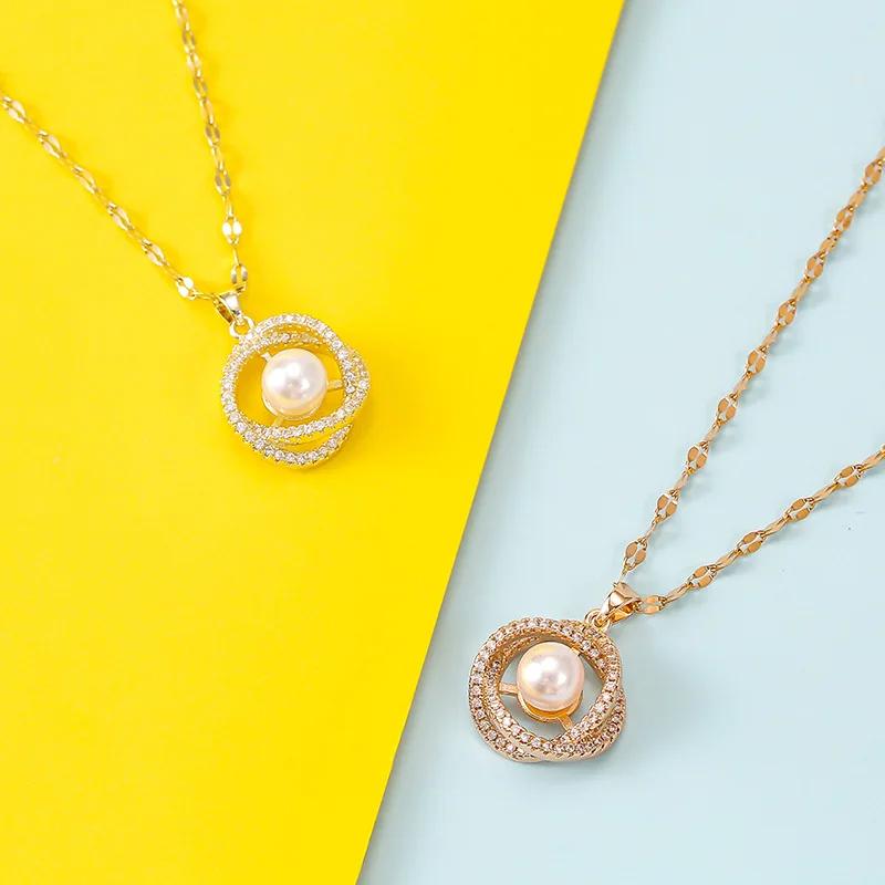 

Luxury Female Bird Nest Shape Pearl Pendant Necklace With Rhinestone Stainless Steel Lip Chain Necklace For Women Short Choker