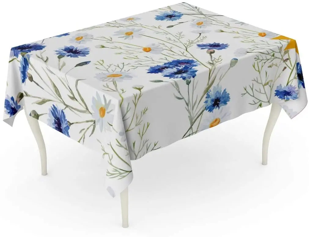 Blue Flower Watercolor Cornflower Daisy Pattern Floral Spring White Trend Retro Table Cloth | Дом и сад