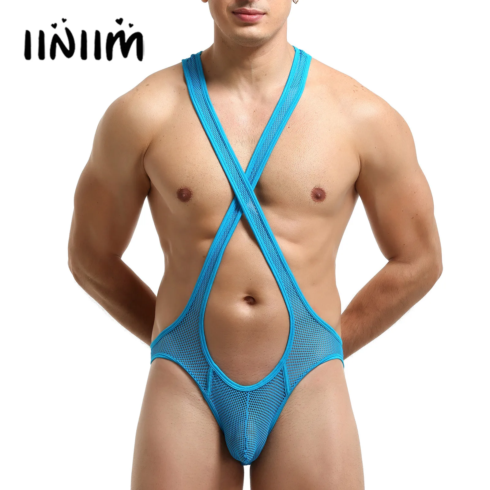 

Mens Racer Back Crisscross Wrestling Singlet Bodysuit Front Bulge Pouch Sheer Mesh Leotard Jockstrap Sexy Underwear Jumpsuits