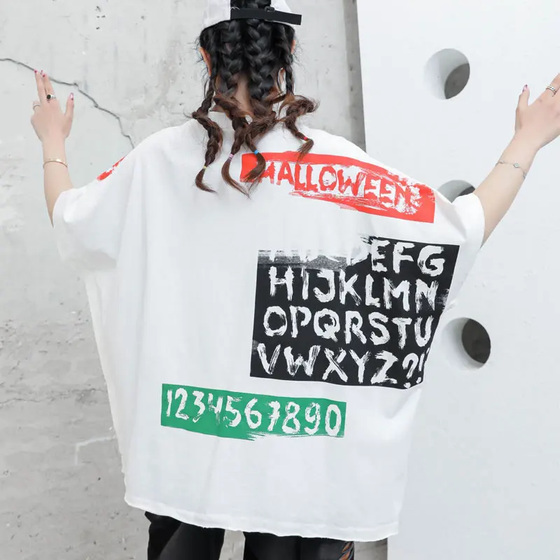 

XITAO New Letter Print T-shirt Fashion Contrast Color Irregular Splicing Women Casual Loose All-match Top 2021 Trendy WLD6139