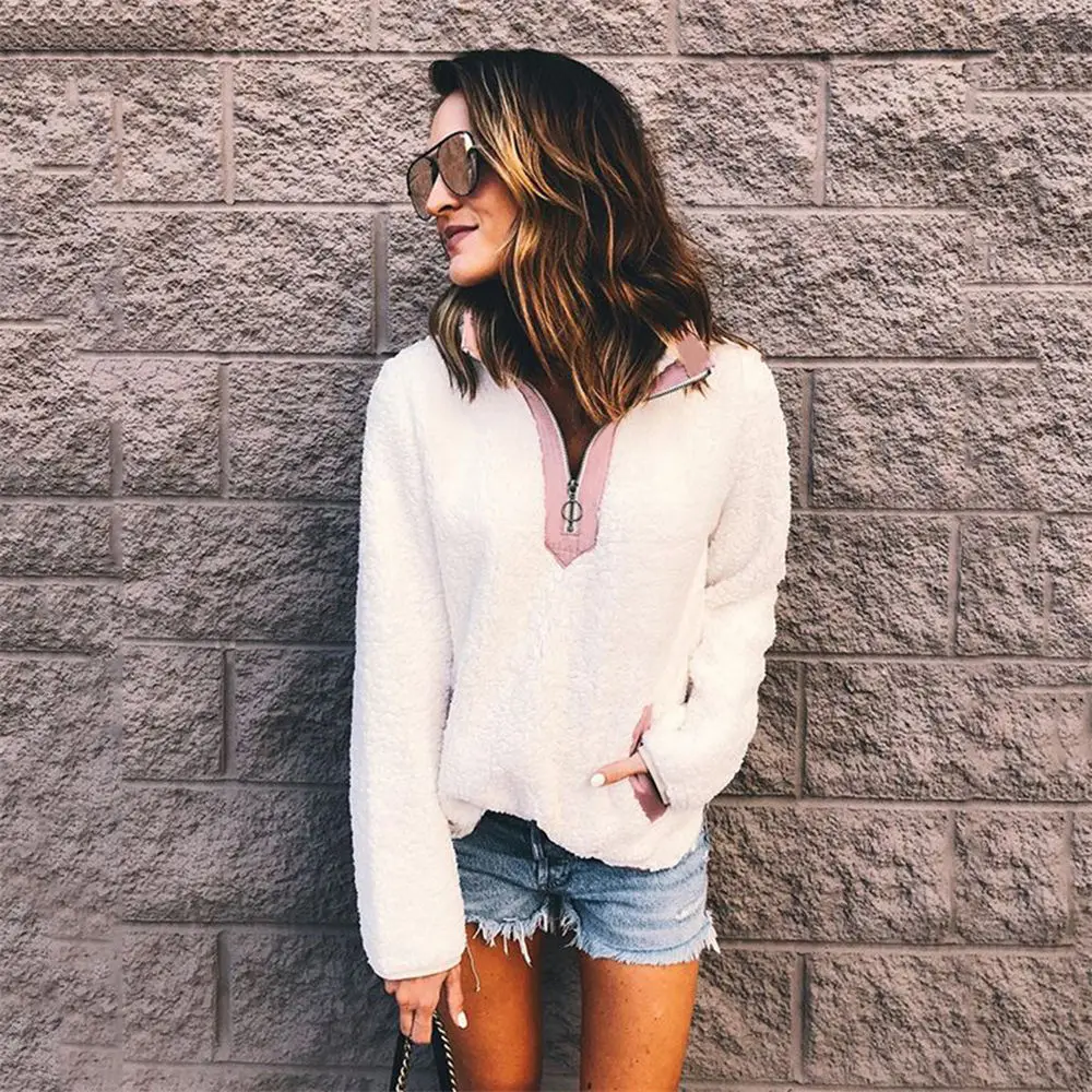 Women Winter Sherpa Sweater Teddy Fleece Zipper Turtleneck Pullover Tops Female Warm Coat Sweaters | Женская одежда