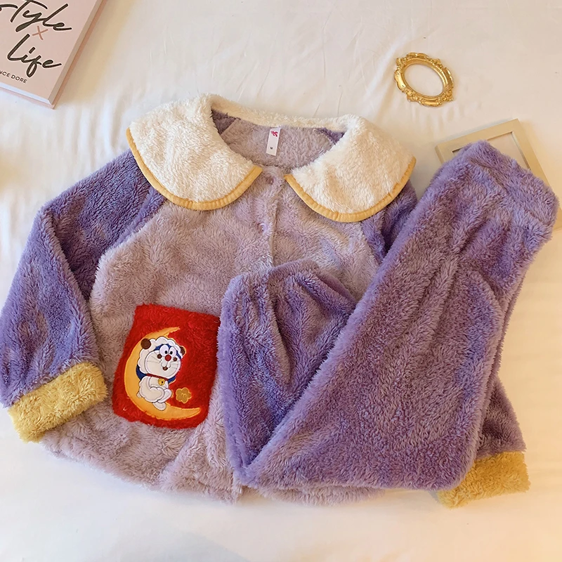 

Seeslim Pajama Set Winter Warm Velvet 2021 Cartoon Doraemon Pajamas For Women Sleepwear Two Piece Suit Homewear Pijama Feminino