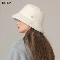 uspop brand designer women winter bucket hats with metal letter r casual solid color plush fluffy warm hats s m l