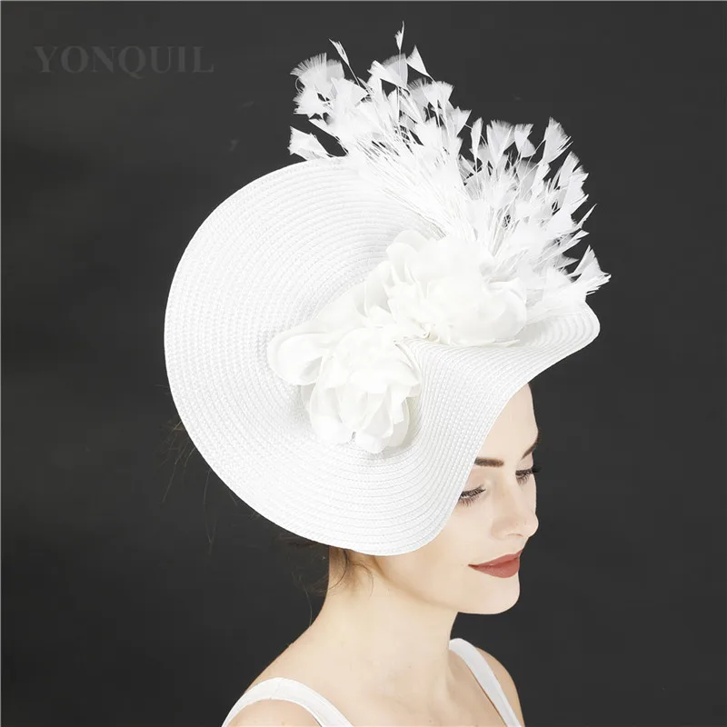 

Big White Derby Hat Nice Flower Wedding Fascinator Headwear Women Formal Party Kenducky Headpiece Hair Pin Amazing Millinery