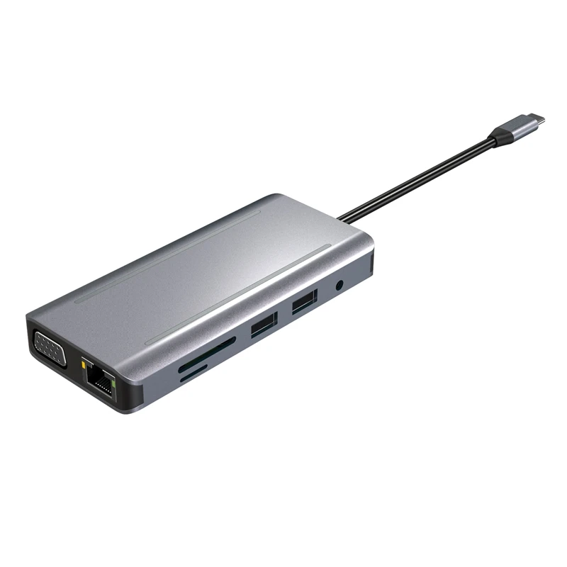 

11-In-1 USB C Multi-Port Adapter with RJ45 4K HDMI-Compatible VGA 4 USB2.0 PD3.0 Audio 3.5mm SD/TF Hub with LED Light