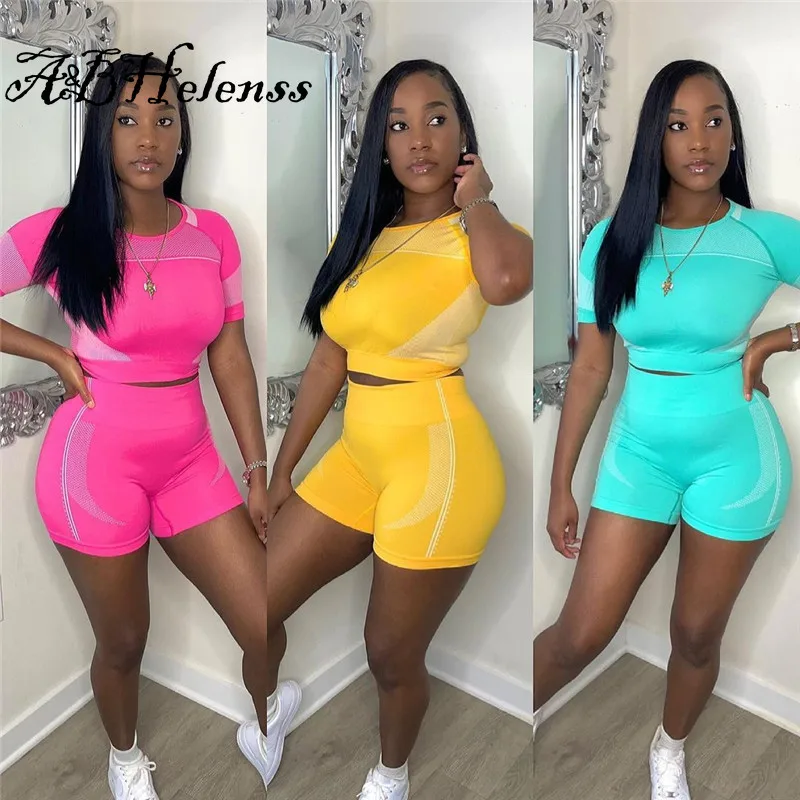

A&BHelenss Fashion Print Patchwork Tracksuit Women Casual Two Piece Set Short Sleeve T Shirt Crop Top Slim Shorts Workout Suit