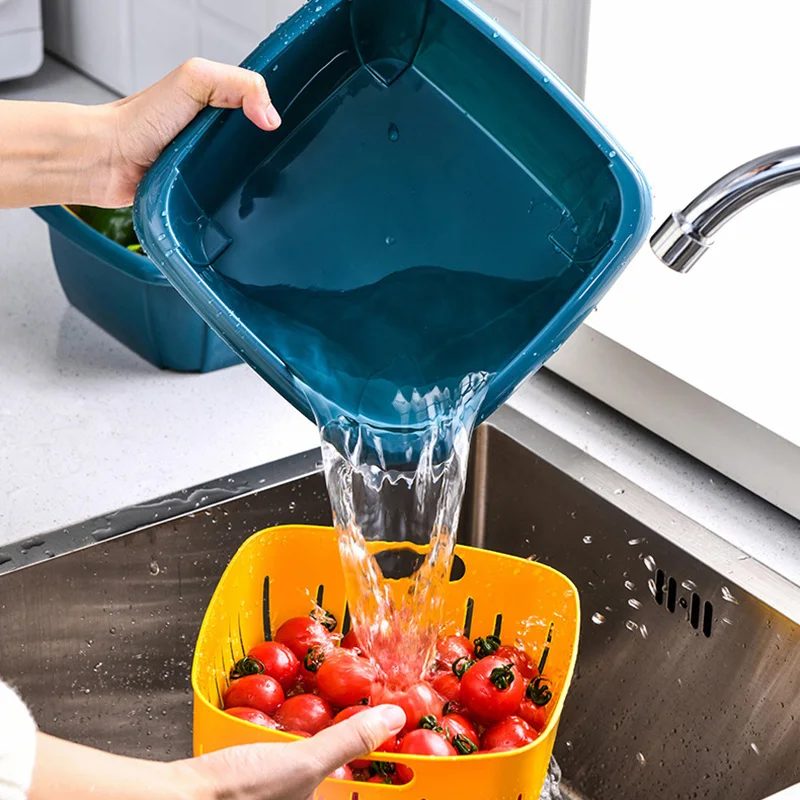 

Multifunction Double-layer Drain Basket with Lid Plastic Fruit Storage Basket Kitchen Refrigerator Drain Storage Box BDF