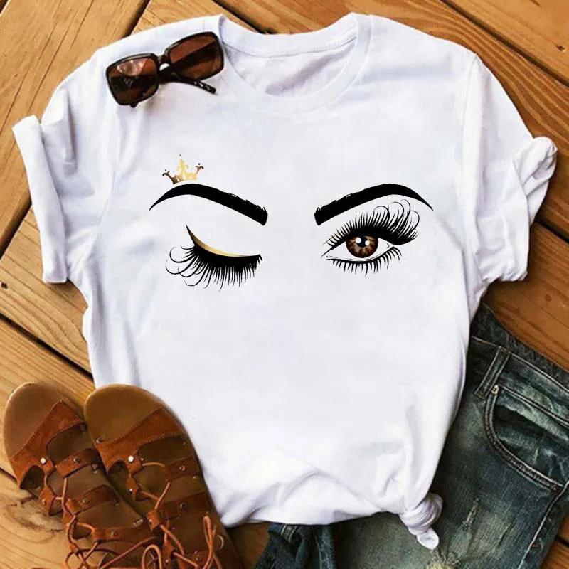 

Vintage Summer Casual Short Sleeve O Neck T-shirt Kawaii Ladies White Tshirt Female Tops Maycaur Beauty Eye Print Women T Shirt