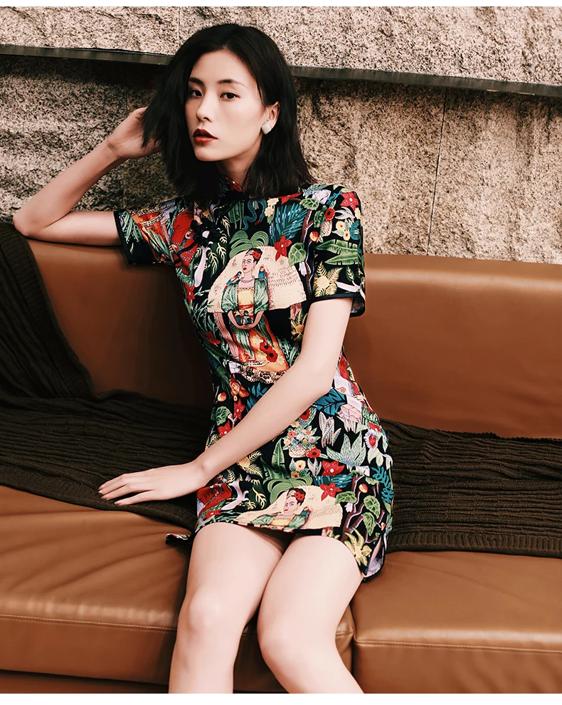 Женское шелковое платье cheongsam с коротким рукавом, Ретро стиль, воротник-стойка, платье cheongsam, цветочный принт, qipao, улучшенное китайское платье