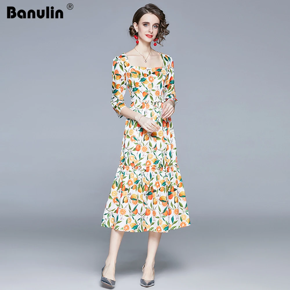 

Banulin Summer Women Fruit Print Dress 2021 Fashion Runway Square Collar Half Sleeve Holiday Dress Ladies Elegant Midi Dress