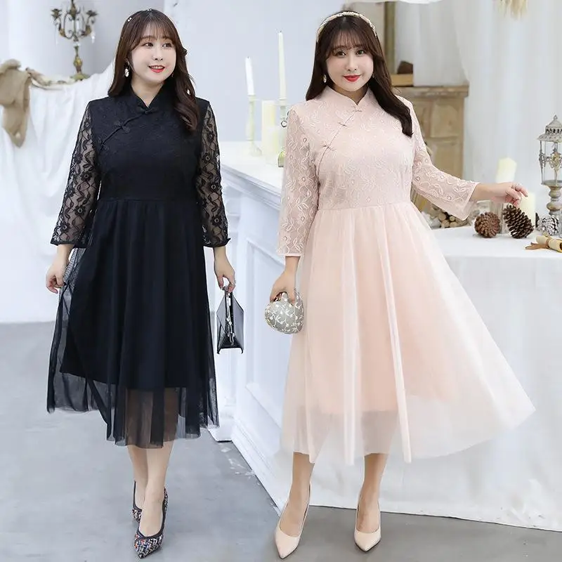 Женское длинное Сетчатое платье с длинным рукавом воротником стойкой|Женские