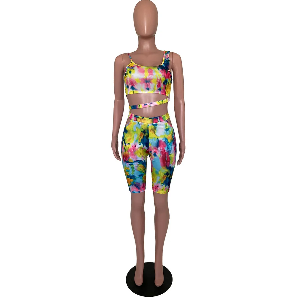 

Tie-dyeing Irregular 2 Piece Sets Womens Outfit Cut Out Sleeveless Tank Crop Top Slim Fit Short Summer Beachwear Hole Sweatsuits