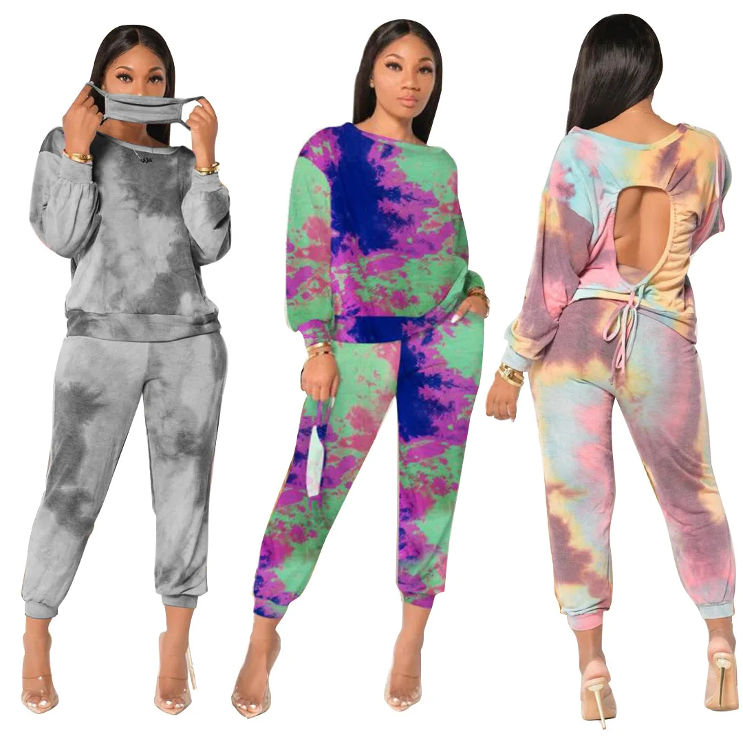 

43M6576 Autumn Winter Women Casual Tie-dyed Print Hollow Out Sports Two Piece Set Top and Pants Tracksuit Sweatsuit Outfits