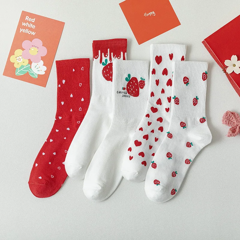 

Sweet Cotton Women Socks Red Strawberry Heart Socks Female Fashion Long Socks Ankle Dress Calcetines Medias