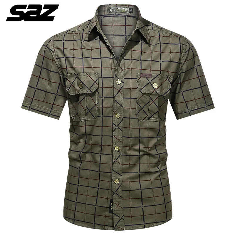 

SAZ 2021 Summer Shirt Men's Short Sleeve Shirt Casual Cargo Multi-pocket Loose Cotton Plaid Shirt Men's clothing