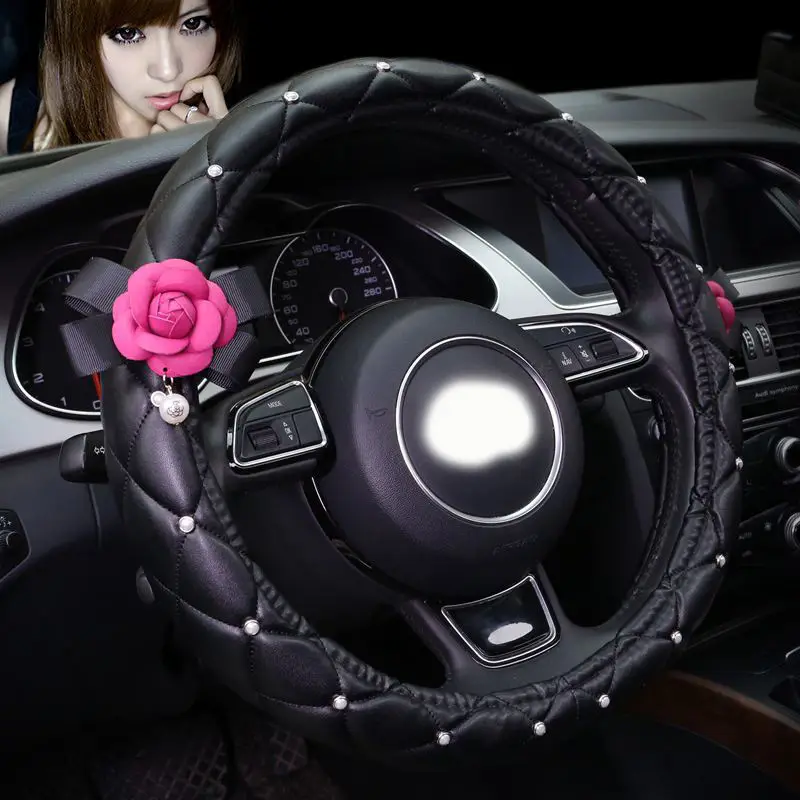 

Korean fashion camellia black and white personalized pu leather handlebars women girl car diamond pearl steering wheel cover