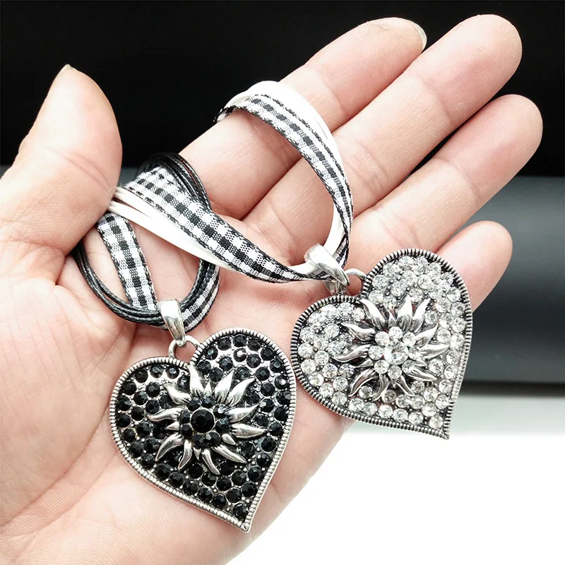 

Women's Dirndl and Lederhosen Costume Necklace Vintage Silver Heart Shape Edelweiss Necklace Pendant Oktoberfest Jewerlry