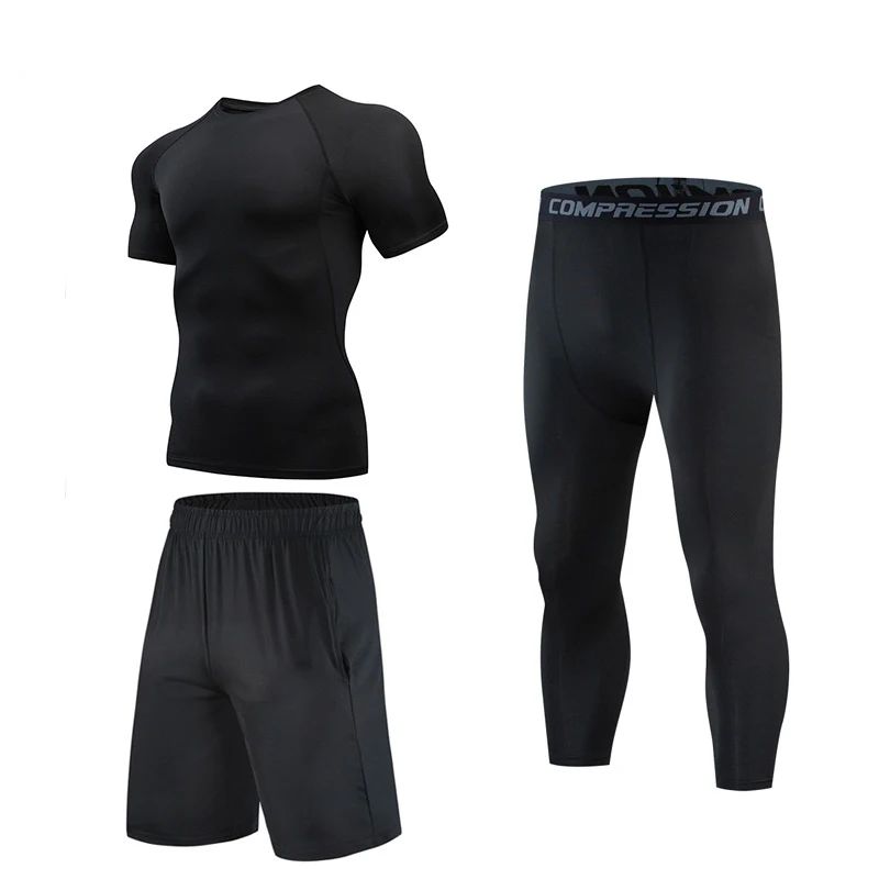 

Fashion Men Summer Short Sleeve T-Shirt Running Gym Clothes High Quality Exercise Jogger Workout Plus Size Skinny 3 Piece Suit