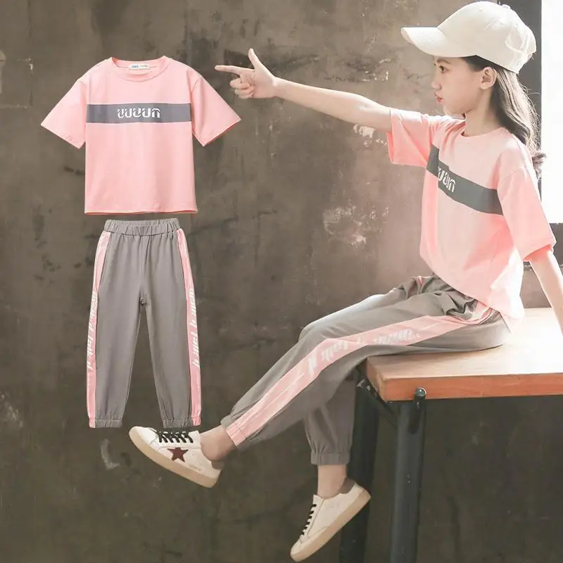 Летние костюмы для девочек новинка возраста от 4 до 12 лет комплект спортивной