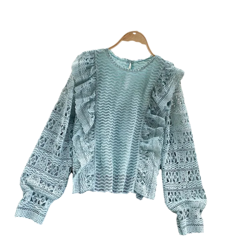 

2021 New Women's Hollow Sleeves Loose Wild Long-sleeved Blouse Lace Blouse Women Uk510