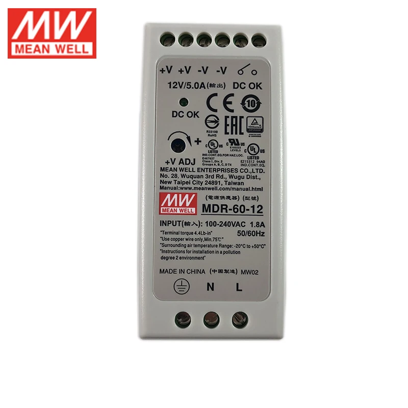 Оригинал MEAN WELL MDR 60 12 Вт В din рейку импульсный источник питания 110 В/220 AC до DC 5A блок