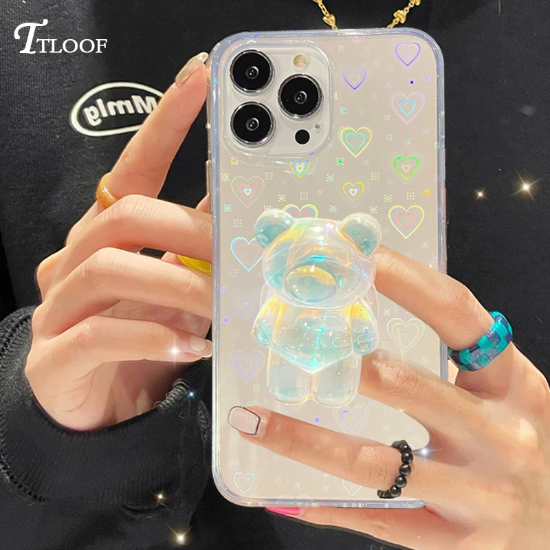 

Прозрачный чехол с 3D мультяшным медведем, лазерным сердцем для iphone 13 12 11 Pro Max Mini X XR XS 7 8 Plus SE 2020