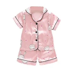 Летний пижамный комплект для мальчиков и девочек из ледяного шелка, милая пижама в виде кролика, детские топы и штаны, комплект одежды, детская ночная рубашка для мальчиков с мультяшным рисунком