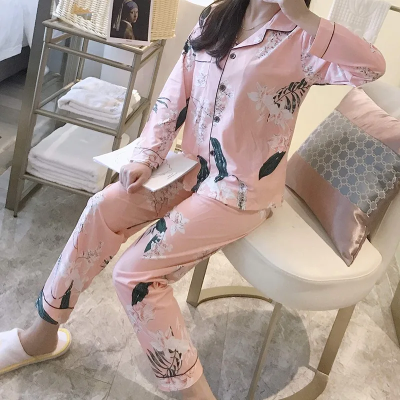 

Fashion Leaf Print Loose Casual Suit Home Service Button Cardigan Suit Pajamas Two-piece