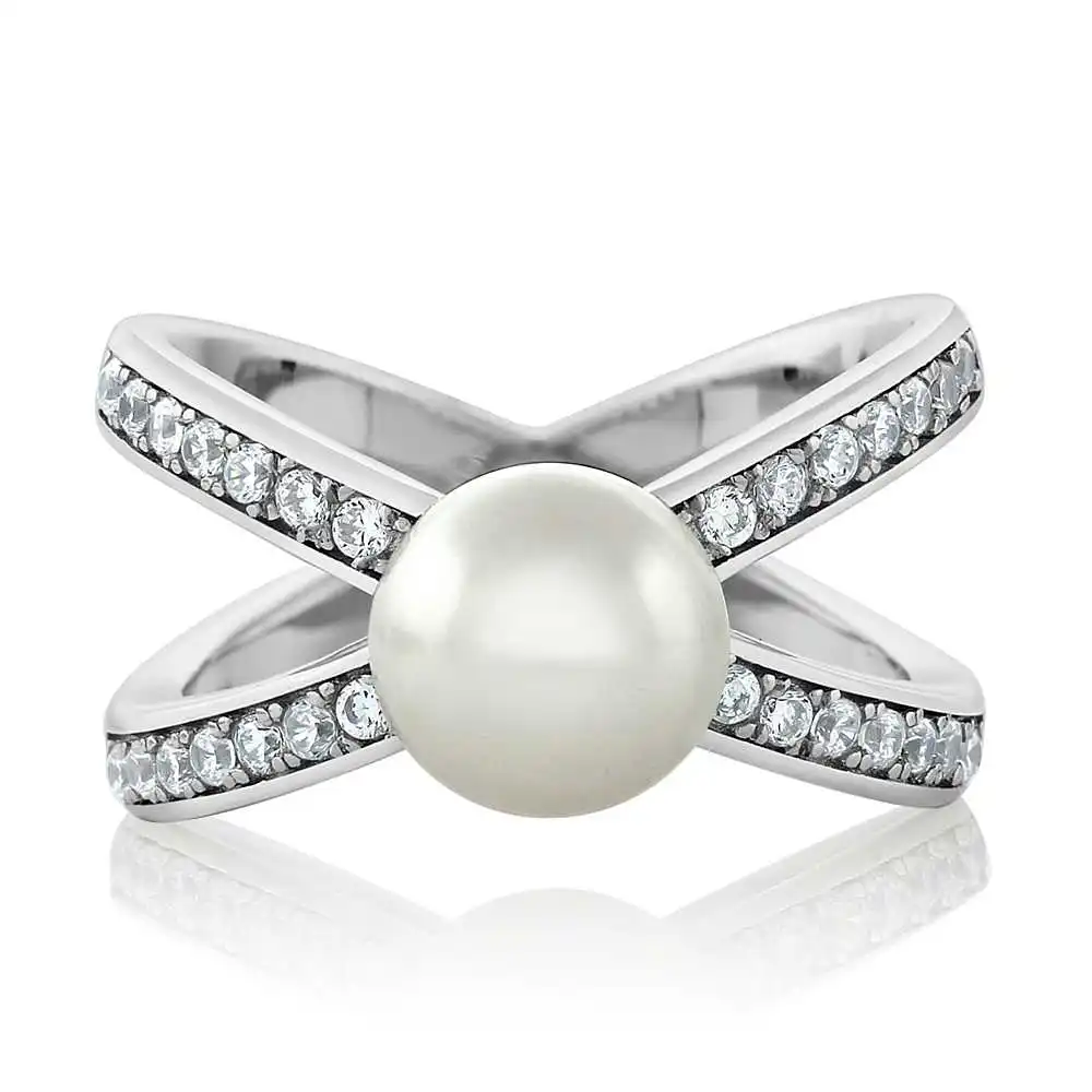 GemStoneKing 8 мм белый культивированный пресноводный жемчуг и CZ Крест кольцо твердое