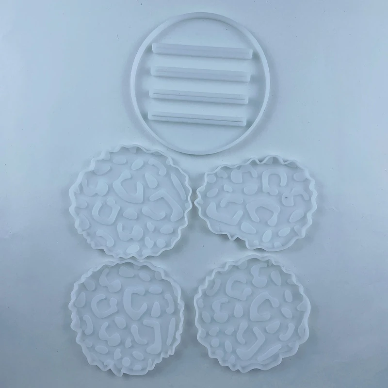 

B36D 5 Pcs/Set Leopard Irregular Coaster+Base Stand Epoxy Resin Mold Cup Mat+Storage Rack Silicone Mould DIY Crafts Mold