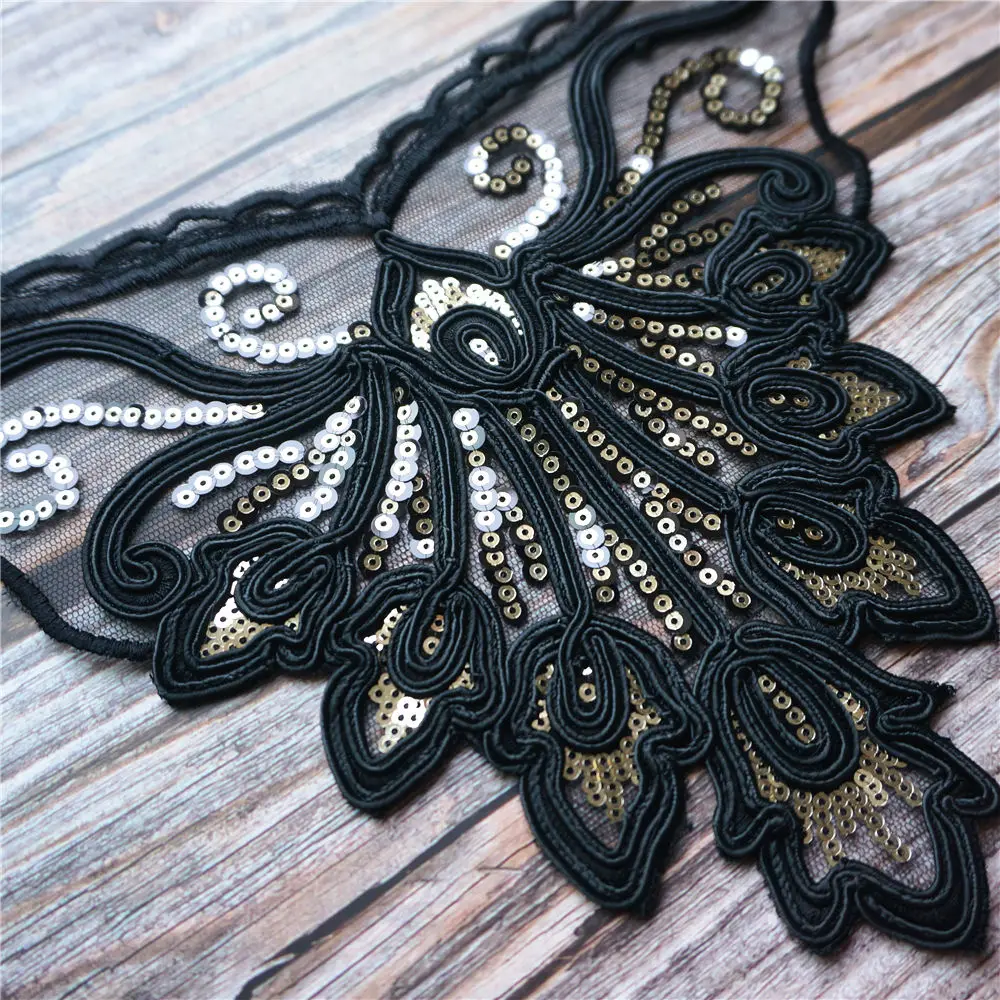 Вышитый кружевной воротник из черной ткани с блестками | Дом и сад