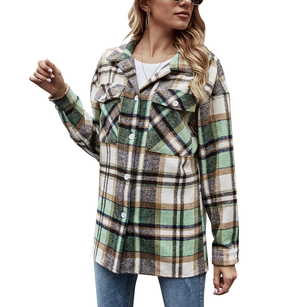 

Womens Spring Autumn Plaid Jackets Lapel Long Sleeve Single Breasted Coat Tops Female Casual New Fashion Comfy Check Outwear